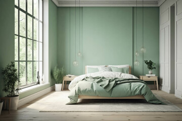 Pastel green bedroom and minimalist interior design. with large French windows. Generative AI