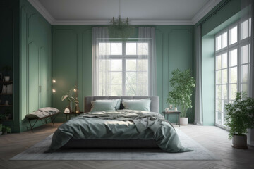 Pastel green bedroom and minimalist interior design. with large French windows. Generative AI