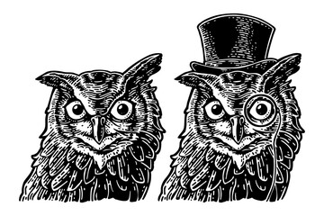 Owl gentlemen dressed hat cylinder. Vintage black engraving