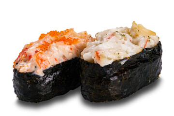 Closeup view of two gunkan surimi mayo sushi with and without fish eggs isolated on white background with clipping path.