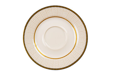 Top view of single empty beautiful pattern brown ceramic plate with decorative edge isolated on...