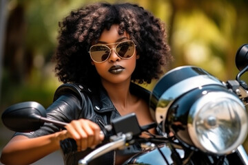 Fototapeta na wymiar African american biker girl in a black leather jacket, sunglasses on a motorcycle. Generative AI.