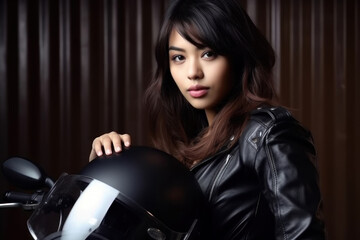 Obraz na płótnie Canvas Biker asian girl in a leather jacket on a motorcycle. Generative AI.