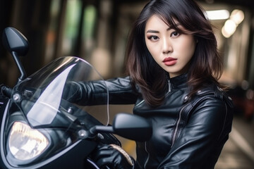 Obraz na płótnie Canvas Biker asian girl in a leather jacket on a motorcycle. Generative AI.