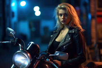 Naklejka na ściany i meble Biker girl in a leather jacket on a motorcycle. Generative AI.