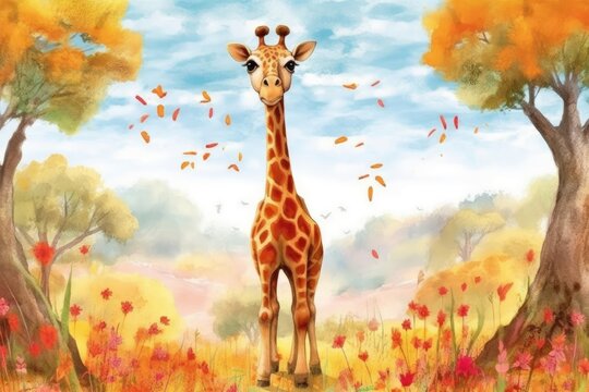 A children's book illustration with a cute giraffe. (Generative AI)