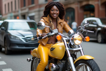 Obraz na płótnie Canvas Black afro biker girl in yellow on a motorcycle. Generative AI.