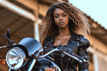 Naklejka na ściany i meble African american biker girl in a black on a motorcycle. Generative AI.