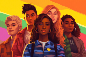 Fototapeta premium Cartoon illustration of group of LGBTQ+ people. Generative AI