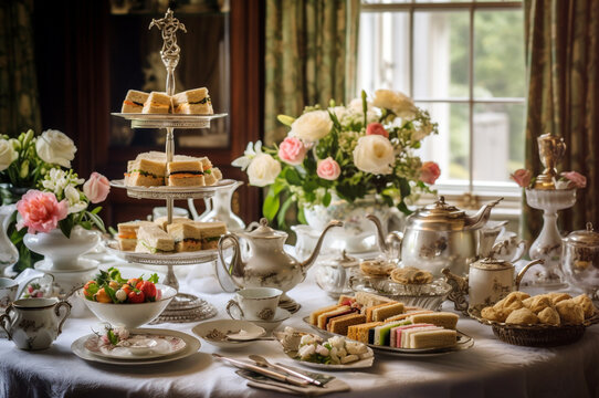 Five o'clock tea interior with cakes and flowers. Generative Ai