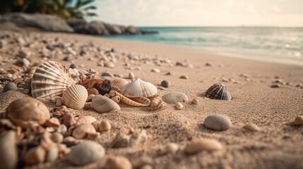  shells and seashells on a sandy beach with the ocean in the background.  generative ai - obrazy, fototapety, plakaty
