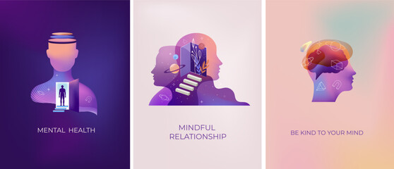 Psychology, Dream, Mental Health concept collection of illustrations. Brain, neuroscience and creative mind poster, cover © Marina Zlochin