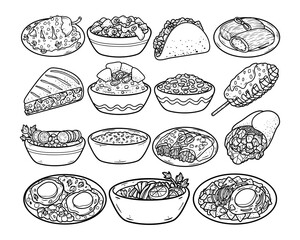 Set of Mexican traditional food hand-drawn outline sketch illustration