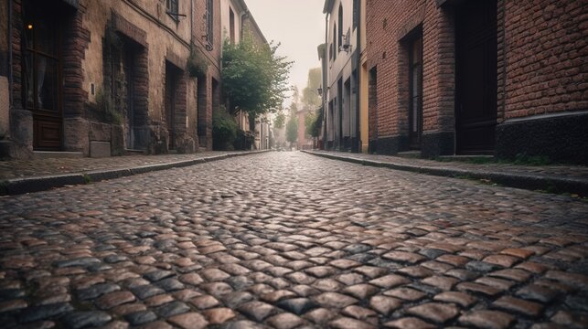  a cobblestone street in an old european city with brick buildings.  generative ai