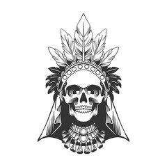 black and white skull indian american tribe vector illustration