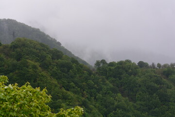 PAESAGGIO MONTANO CON NEBBIA,GIFFONI VALLE PIANA,SUD ITALIA,15 MAGGIO 2023.