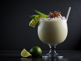 Tropical coconut juice cocktail drink on black background. ai generative