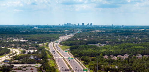 Aerial view of downtown Orlando, Florida. USA from East Orlando, Waterford Lakes area. East West...