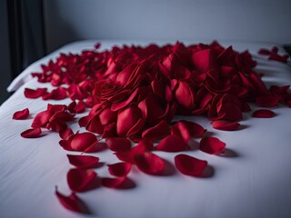 rose petals on bed in white room. ai generative