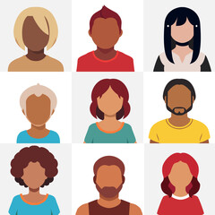 Set of people flat icons with simple faces and hairstyles, different ethnicity, hair style and color, user icons