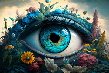 Surrealism. An eye in the middle of flowers. Sight. Psychedelic. Generative AI