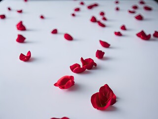 Fototapeta na wymiar rose petals on bed in white room. ai generative