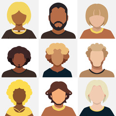 Set of people flat icons with simple faces and hairstyles, different ethnicity, hair style and color, user icons