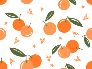 Seamless pattern with orange fruit, green leaves, hand drawn hearts and cute flower on white background vector illustration.
