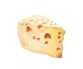 Piece of Maasdam cheese isolated on white background. Watercolor illustration.