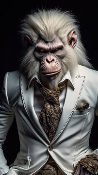 White monkey dressed in an elegant modern suit with a nice tie. Fashion portrait of an anthropomorphic animal, shooted in a charismatic human attitude - Generative AI