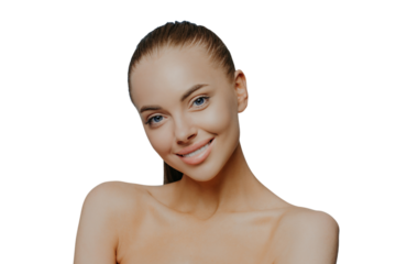 Beautiful feminine woman gazes sensual and relaxed, takes care of beauty and skin, tilts head and stands bare shoulders, feels great after making spa procedures. Tennderness and cosmetology.