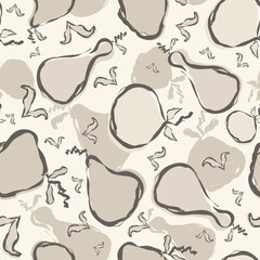 Stylized apples, pears neutral seamless vector pattern background. Ecru beige pastel orchard fruit backdrop. Hand-drawn painterly brush strokes for baby, nursery, gender neutral. All over print.