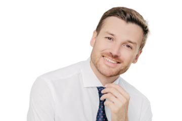 Satisfied male worker with positive expression, has broad smile, rejoices sucessful agreement with partner, wears elegant clothes, isolated over white studio wall. People, positive emotions concept