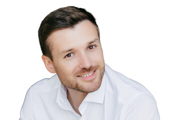 Fototapeta premium Photo of handsome unshaven male with bristle dressed in elegant white shirt, has charming smile, happy to meet with old friend, isolated over dark wall. People, emotions and lifestyle concept