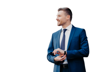Horizontal shot of satisfied businessman in formal clothing, looks at watch, waits for partner near cafe, going to discuss details of collaboration, has glad expression, poses outside. People and job