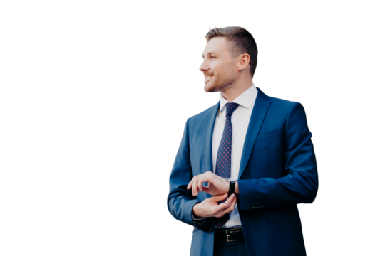Horizontal shot of satisfied businessman in formal clothing, looks at watch, waits for partner near cafe, going to discuss details of collaboration, has glad expression, poses outside. People and job