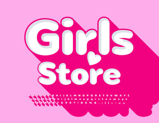 Vector stylish sign Girls Store with decorative Font. Cute White and Pink Font. Alphabet Letters, Numbers and Symbols set with shadow