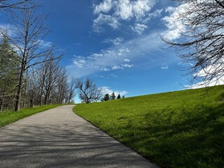 Path in the park | Grassy patch with blue sky in background