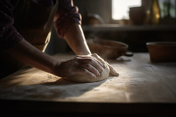Fototapeta na wymiar A Woman kneading dough to make bread in her home 