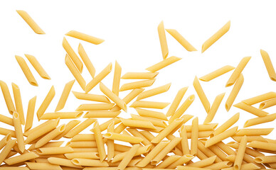 Pasta penne on white background, closeup, flat lay. - 603419959