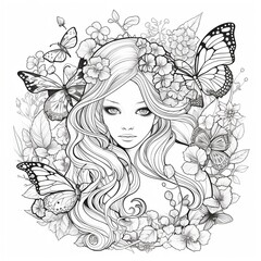 Ink drawing coloring page for children a girl sorounded by butterflies ,long hair