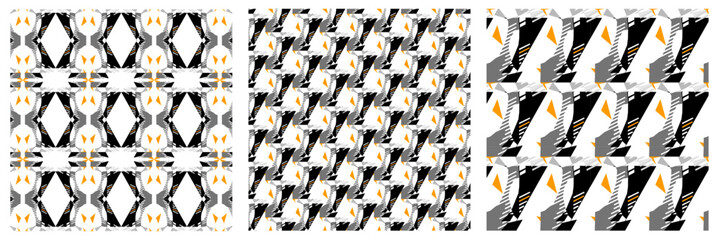 Orange Spice Abstract Geometric Print in Grid Repeat, Half-drop Repeat, and Four-way Repeat, Vector Seamless Repeating Pattern Set