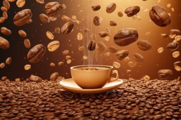 Image of coffee beans floating in mid-air. The coffee beans are shown in a variety of shapes and sizes, creating an otherworldly and fantastical atmosphere. Generative AI