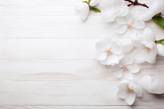 white flowers on wooden background