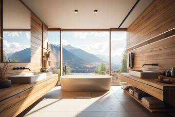 A stylish and cozy bathroom featuring floor-to-ceiling windows that frame the majestic Alps. Generative AI