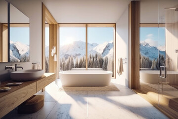 A beautifully designed bathroom with ample natural light and stunning vistas of the Alps. Generative AI
