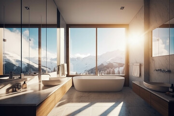Obraz na płótnie Canvas A stylish and cozy bathroom featuring floor-to-ceiling windows that frame the majestic Alps. Generative AI