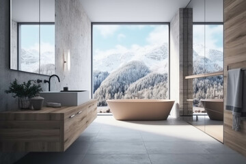 Obraz na płótnie Canvas Contemporary and cozy bathroom with expansive panoramic windows showcasing the stunning Alps. Generative AI