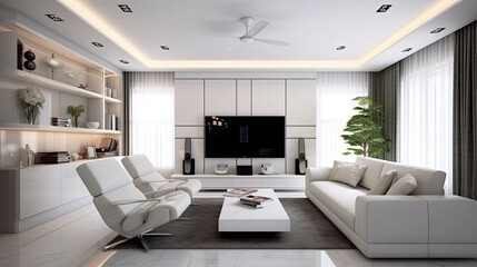 Fototapeta premium Empty living room with hardwood floor in modern apartment Generative AI