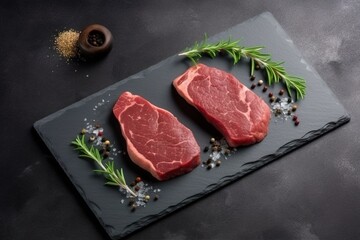A delicious venison steak seasoned with spices and rosemary served on a black slate, created with AI generative technology. AI generative - obrazy, fototapety, plakaty